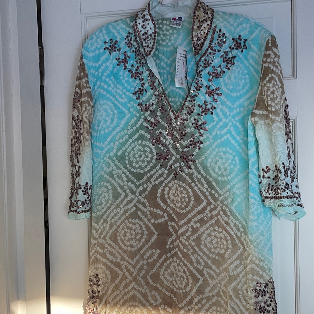 NEW LOTTA STENSSON TUNIC BLUE, BEIGE EMBROIDERY STUNNING great beach coverup L M